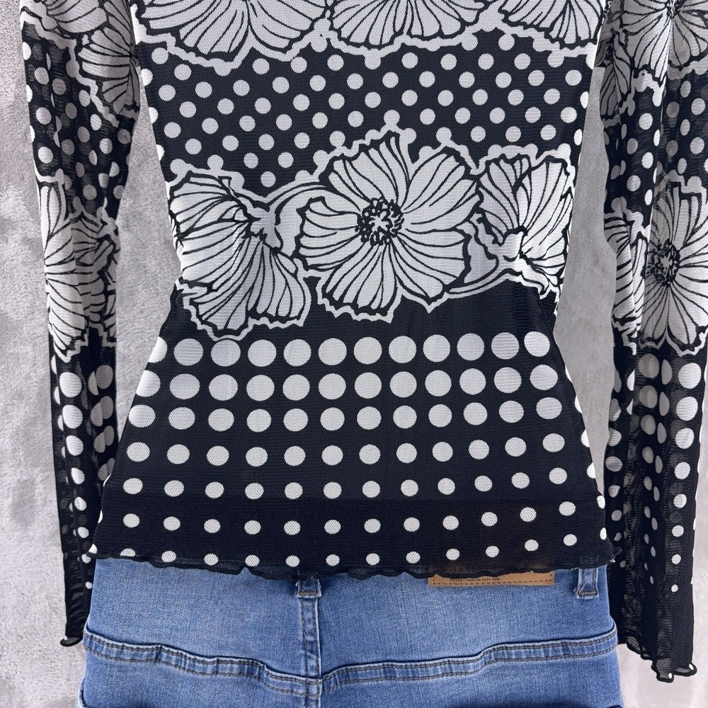 CACHE Mesh Blouse Womens Size Small Black White Polka Dot Sequin Floral Y2K - Picture 6 of 8